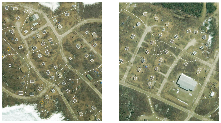 Figure 25: A comparison between Old Town (left) and Six Nations (right) showing the difference in community layout and informal pathways.